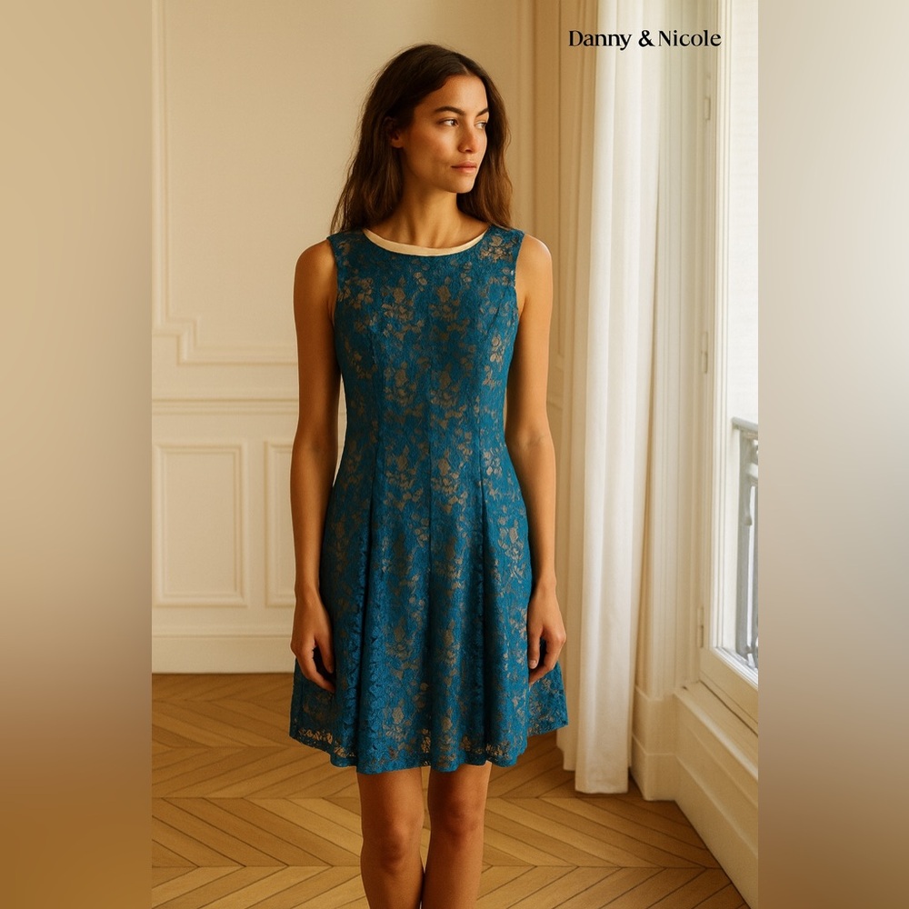 Danny and Nicole Teal Lace Fit and Flare Midi Dress - Picture 10 of 11